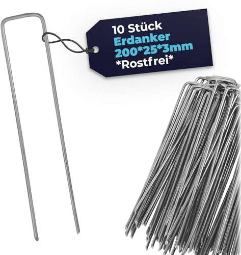 10 Stück Erdanker, Bodenanker aus Verzinketen Stahl, Stabile Erdnägel für Unkrautvlies, Gartenvlies, Zaun 200 mm x 25 mm - 3 mm