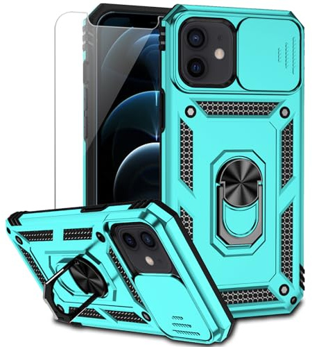 for iPhone 12 Mini Case with Camera Lens Cover HD Screen Protector, Dual Layer Military Grade Drop Protection Magnetic Ring Holder Kickstand Protective Phone Case for iPhone 12 Mini 5.4 inch (Mint)