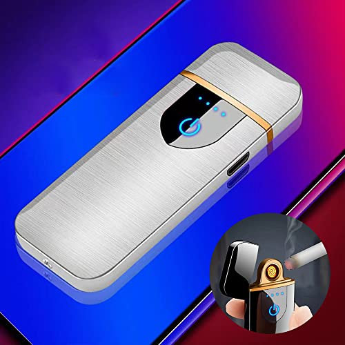 Deluisho Gas Mecheros, Encendedor Electrónico, Mechero de Arco, Carga USB/Resistente al Viento/Encendedor Táctil Duradero, Encen-dedor de Cigarrillos de Bolsillo (Plateado)