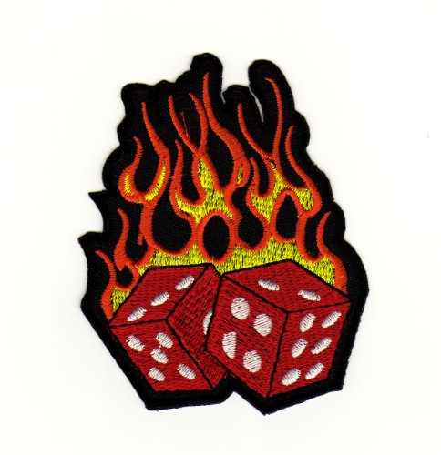 Würfel Flammen Rockabilly Aufnäher zum aufbügeln oder aufnähen Bügelbild Aufbügler für Kleidung gestickter Bügelpatch Applikation Patch Größe 7,0 x 9,0 cm