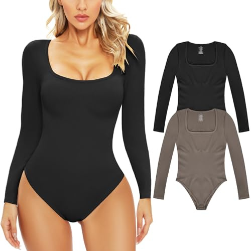 Xnova Women's Shapewear Bodysuits Tummy Control - Fashion U Neck Ladies Stretchy Knit Ribbed Long Sleeve Shapewear Bodysuit Sexy Shaping Jumpsuit, Black +Grey, M