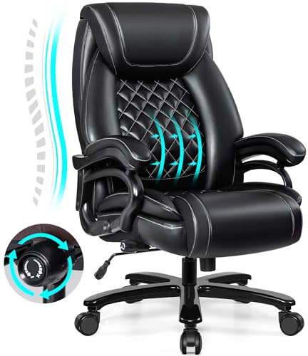 HeroSet Silla de oficina grande y alta de 500 libras, silla ejecutiva de piel sintética resistente con asiento ancho, soporte lumbar ergonómico ajustable, silla mecedora de computadora para personas