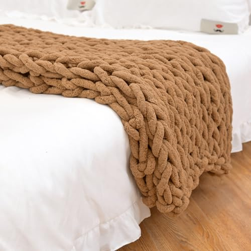 Dazzluxe Couverture en Tricot Épais, Couverture en Fil Chenille Doux, Couverture Au Crochet en Tricot De Câble Épais Fait À La Main pour La Décoration De La Maison du Canapé,Camel,100 * 200 cm