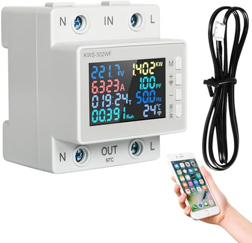 Jadeshay WiFi Electric Meter Smart Energy Meter Single Phase Power Consumption Electricity Usage Monitor Tuya Smart Life App Control 170-300V 63A with Temperature Sensor