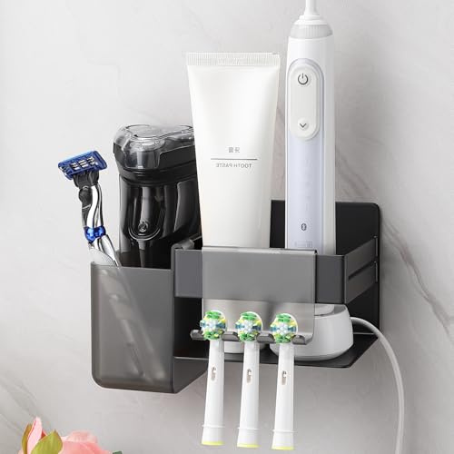 ALOCEO Zahnbürstenhalter Elektrische Zahnbürste Ohne Bohren Schwarz Matt | Zahnbürstenhalter Wand aus Edelstahl Selbstklebend Toothbrush Holder mit 2 Haken für Toiletten und Badezimmer
