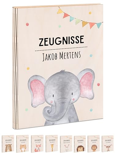 Wunderwunsch® Personalisierte Zeugnismappe Aus Holz Mit Hochwertigem Spezialdruck Für Einschulungsgeschenk - Jungen & Mädchen (Elefant Girlande)