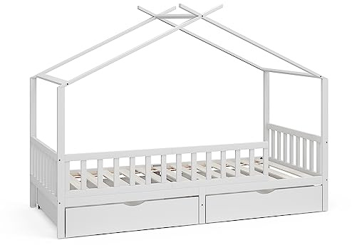 VitaliSpa Hausbett Franka, Weiß, 90x200 cm | mit 2 Schubladen, geeignet für Matratzen bis 90x200 cm und kombinierbar