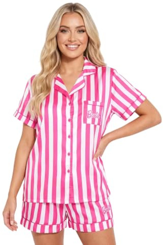 Barbie Womens Satin Pyjamas Pink Striped Satin Pjs for Ladies, Official Merchandise (UK, Numeric, 12, 14, Regular, Regular, Pink & White)