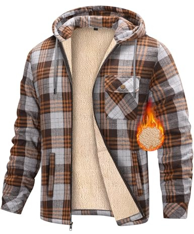 heekpek Fleecejacke Herren Hemdjacke Karierte Winter Kapuzenpullover Herren mit Reißverschluss Warme Kapuzenjacke Fleecefutter Hoodie Winterjacke Gefütterte Sweatjacke, Braun, L