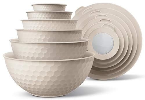 COOK WITH COLOR Mixing Bowls with Lids - 12 Piece Plastic Nesting Bowls Set includes 6 Prep Bowls and 6 Lids, Microwave Safe Mixing Bowl Set, Cream Embossed