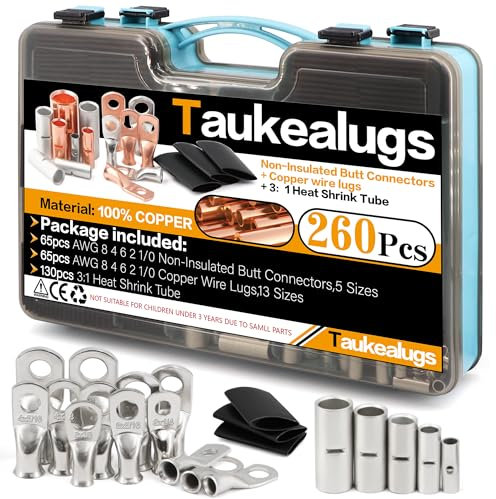 260 Stück AWG8 4 6 2 1/0 Gauge nicht isolierte Stoßverzinnte Klemmen und Batteriekabelverbinder-Set, 65 Stück unisolierte Crimphülsen, 65 Stück Kupferdraht-Enden, 130 Stück 3:1 Schrumpfschlauch