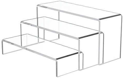 DAWRIS 3 Pcs Acrylic Display Risers, Clear Rectangular Tiered Display Stand, 3 Step Tabletop Display Riser Shelf, Showcase Cupcake Dessert Stand for Collectibles Jewelry Figures Cupcake Cologne