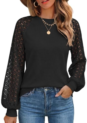 Zeagoo Chemisier Femme T-Shirts Manches Longues élégant Tunique Dentelle | Col Rond Manches Raglan Waffle Blouse Pull Fin