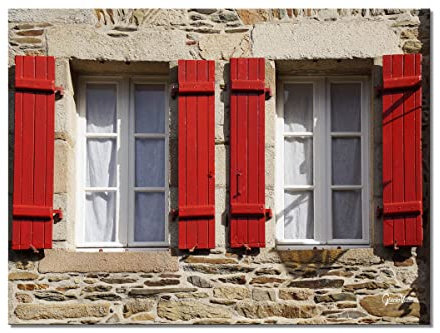Glücksvilla - Bretonische Fenster 2 - div. Maße (Leinwand-Bild 2 cm, 80 x 60 cm) aus DE - Kunstdruck XXL Deko-Wandbild quer - Bretagne Haus Stein-Optik Fenster rot