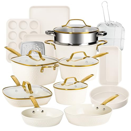GOTHAM STEEL Hammered 20 Pc Ceramic Cookware Set Nonstick, Induction Pots and Pans Set Non Stick for Kitchen, Deep Pots and Pans for Cooking, Non Toxic Cookware Sets, Oven & Dishwasher Safe