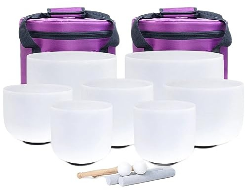 Juego de 7 cuencos tibetanos de cristal de chakra de cuarzo esmerilado de 6 a 12 pulgadas con 2 estuches de transporte resistentes, mazos de goma, golpeadores de gamuza y juntas tóricas, cuencos de so