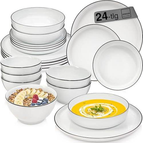 SÄNGER | Tafelservice Marlo Black Rim, 24-teiliges Geschirrset für 6 Personen, Weiß mit schwarzen Akzenten, Dessert-, Speisetellern, Schalen & Müslischalen aus Porzellan | PREMIUM COLLECTION