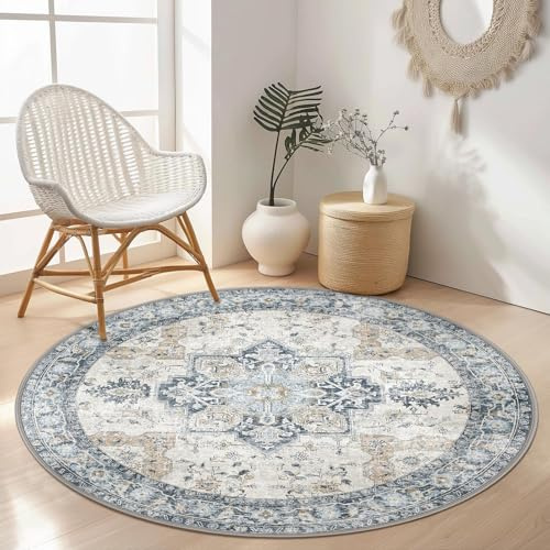 GENIMO Runder Vintage Teppich Blau, Waschbar fürs Wohnzimmer, Ø 160 cm | Weicher Kurzflor, Rutschfeste Rückseite, Pflegeleicht für Schlaf- und Esszimmer