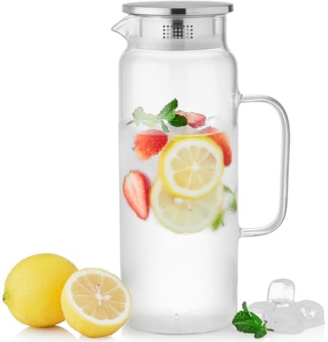 MESNEY 1580ml Glass Juice Jugs with Lid for Fridge, Heat Resistant Borosilicate Glass Water Jug for Hot and Cold Beverages, Water Carafe for Fridge, Ideal for Iced Tea, Coffee, Juice