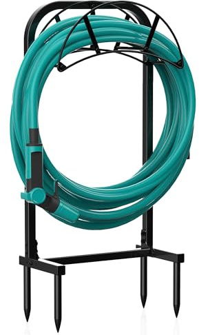 Meykwod Garden Hose Holder, Heavy Duty Water Hose Holder with 4 Spikes Holds 150ft Water Hose, Sturdy Freestanding Hose Stand Hose Hanger Hose Storage for Outside Yard Lawn (Metal, Black)