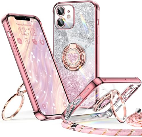 XYZ für iPhone 12 Hülle mit Band, Herzen Doppelring Ständer | Luxus Glitzer HandyHülle Kameraschutz, Frauen Stoßfest Elektroplattiert Case Soft TPU SchutzHülle Clear, Roségold