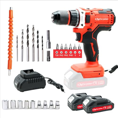 DogChrymion 18V Cordless Drill Driver Kit, Compatible with Makita Batteries, 32Nm Torque, 2-Speed, 25 Torque Settings, 3–10mm Keyless Chuck, with 2 x 2.0Ah Batteries & Charger