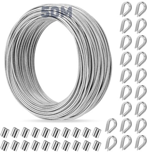 CGBOOM Fune metallica da 2 mm, 50 m, in acciaio inox 304, con 20 pezzi e 20 manicotti di crimpatura per tralicci, sospensione luminosa, recinzione, corda per tenda da doccia, piante rampicanti