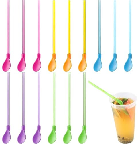 15 Pcs Slush Straws With Spoon - 2 in 1 Colored Scoop for Smoothie, Milkshake, Cocktails, Coffee and Hot Drinks