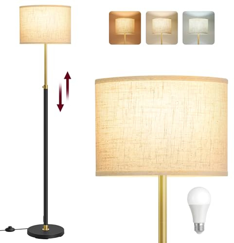VASAGLE Floor Lamp for Living Room, Adjustable Height 140-170 cm, Modern Standing Lamp with Foot Switch, Fabric Lampshade, E27 Socket, Gold and Black LFL002B03