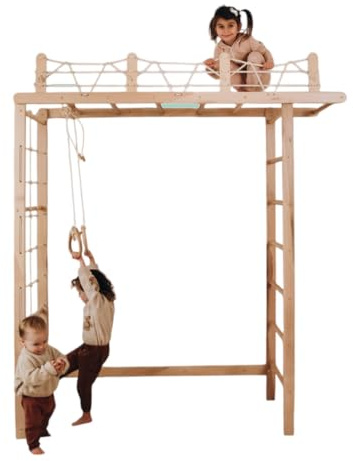 Wood And Hearts Schwedische Leiter, Klettergerüst Indoor, Indoor Kletterwand Kinder, Turngeräte in natürliche Holzfarbe (Gymnastikringe Naturholz)