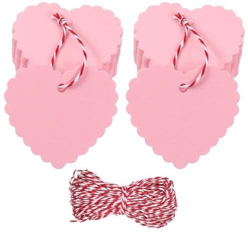 100 PCS Valentines Gift Tags with String Attached, 2.55 X 2.36 Pink Heart Gift Tags Paper Blank Hanging Tag for Craft Mothers Day Valentine's Day Wedding Favor Gifts Package Wrapping Hang Label