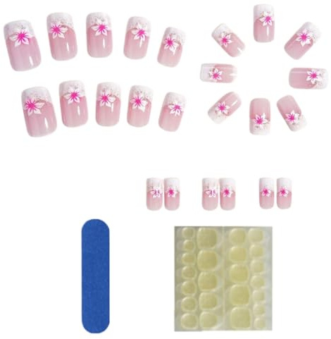 JEYORZY 24 Faux Ongles Court, Dégradé de Rose Faux Ongles Autocollants, French Ongles a Coller, Ongles Brillants, Ongle Autocollant Reutilisable Convient Pour Les Femmes et Les Filles