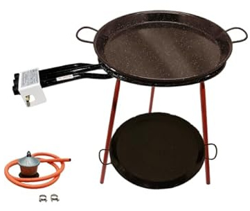 FERRETERIA LEPANTO Kit Paellero, Quemador a Gas butano, paellera acero pulido, regulador de Gas + 1,5 metros de Manguera, soporte de 3 Patas Resistentes (Esmaltada, 60 CM)