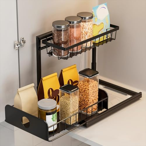 2 Tier Metal Under Sink Storage, L-Shaped Pull Out Kitchen Cabinet Organiser Dish Drying Rack with Sliding Storage Drawer, Upgrade Suction Cups Stay, Space Saving Rack for Spices & Utensils-Black