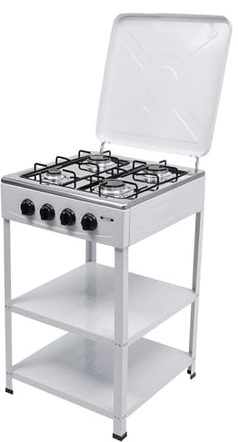 Gaskochfeld 4 Flammen 49x49x79cm Freistehender Gaskochfeld mit 2 Etagen Regal und Deckel Brennstoff-Typ NG/LPG Tragbarer Camping Gaskocher für Camping Outdoor Wohnmobil (weiß)