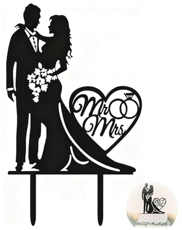 Mr & Mrs Acrylic Wedding Cake Topper, Funny Bride & Groom Design Black Finish, Elegant Cake Decoration for Wedding Receptions, Engagement Parties & Anniversary Celebrations