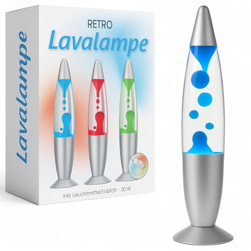 MIJOMA Retro Lavalampe 40 cm – Dekorative Lavaleuchte aus Glas & Aluminium mit silbernem Fuß – Stimmungslicht mit Schnurschalter im kultigen 70er-Jahre-Design, Blau
