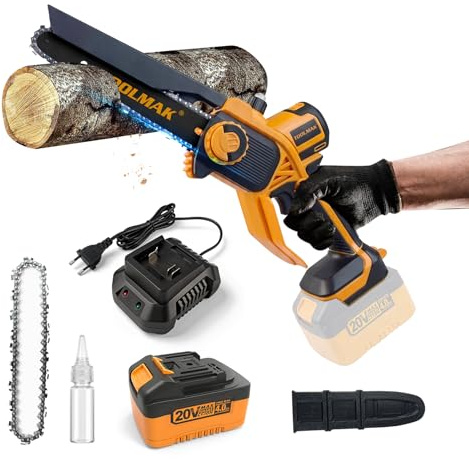 TOOLMAK Mini Motosega a Batteria 20V 8 Pollici con Batteria 4,0 Ah | Motosega Elettrica Brushless con Pompetta Olio, Portatile per Potatura e Taglio, Sega Artigianato e Progetti (1 Batteria)