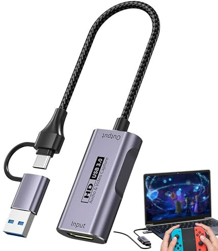 HDMI Video Capture Card to USB 3.0 Type A and Type C, 4K Input, 1080P Output, Low Latency, Plug and Play, Compatible with Switch, PS5, Xbox and PC