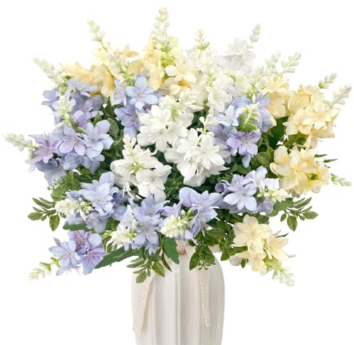 VUAHAUL 6 PCS Artificial Delphinium Flowers with Yellow, White and Purple Faux Lilac Flowers, Real Looking Artificial Bouquet for Vase, Indoor Wedding Pastel Home Decor, for Outdoor Porch and Garden