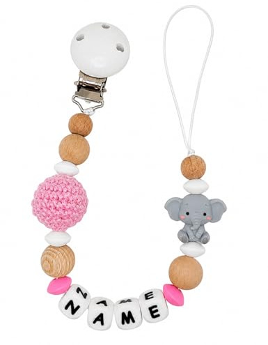 Individuell gestaltetes Babygeschenk personalisiertes Schnullerkette mit Namen für Mädchen oder Junge Baby Geschenk personalisiert zur Geburt & Taufe (Elefant rosa)