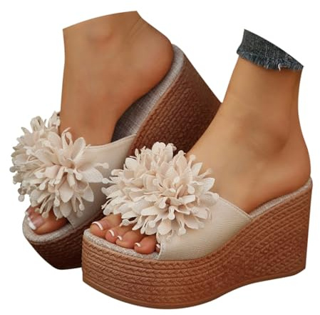 Kilklack sandaler dam, kilsandaletter dam, platå, sommarsandaler med blommor, slip-on, utomhussandaler, Chunky fritidssandaler, espadriller sandaler, lätta strandsandaler, Beige, 39 EU