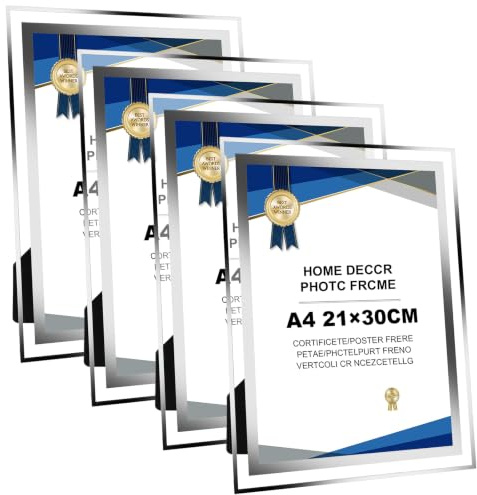 DAJAVE 4 Stück Bilderrahmen A4 | Glas Silber | DIN A4 Foto Büro | Glasbilderrahmen für DIN A4; Glasfront & schwarze Rückwand; silberner Rahmen; für Fotos, Zertifikate, Poster