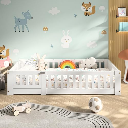 ADWOLT Kinderbett Bodenbett 80x160 cm mit Rausfallschutz & Lattenrost Montessori Bett Bed Gitterbett Kinder Jugendbett Einzelbett | Natur | von 4. bis 18. Lebensjahr, Weiß