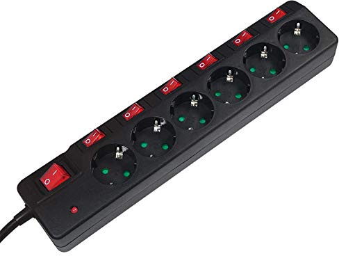 Regleta de 6 enchufes con interruptor único y principal para encendido y apagado, color negro