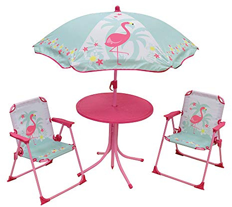 FUN HOUSE 713088 FLAMANT Rose - Juego de Muebles de jardín con 1 Mesa, 2 sillas Plegables y 1 sombrilla para niños