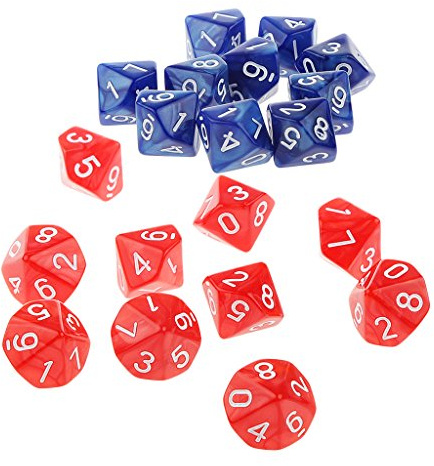 Milageto Set di 20 Dadi Acrilici Opachi D10 Dadi TRPG a Dieci Facce per Dungeon E Draghi - Rosso e Blu, 22 Millimetri