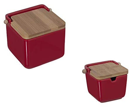 DRW Salero Original cerámica Cuadrado con Tapa madera 12x12x12 cm (Pack salero y azucarero Rojo)