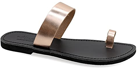 39 Roségold Emmanuela Zehenring sandalen aus Leder, hochwertige handgefertigte griechische Slide Sommerschuhe, Riemchensandalen, flache Boho Toe Ring Sandalen