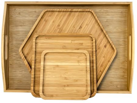 PAFREWOG Bamboo Serving Trays Charcuterie Platter 16.5x11.8（42x30cm with Handle, Set Includes 1xHexagon 12.5(32cm)+1xSquare 7.8(20cm)+1xSquare 5.9(15cm) Small Plates for Family Dinner